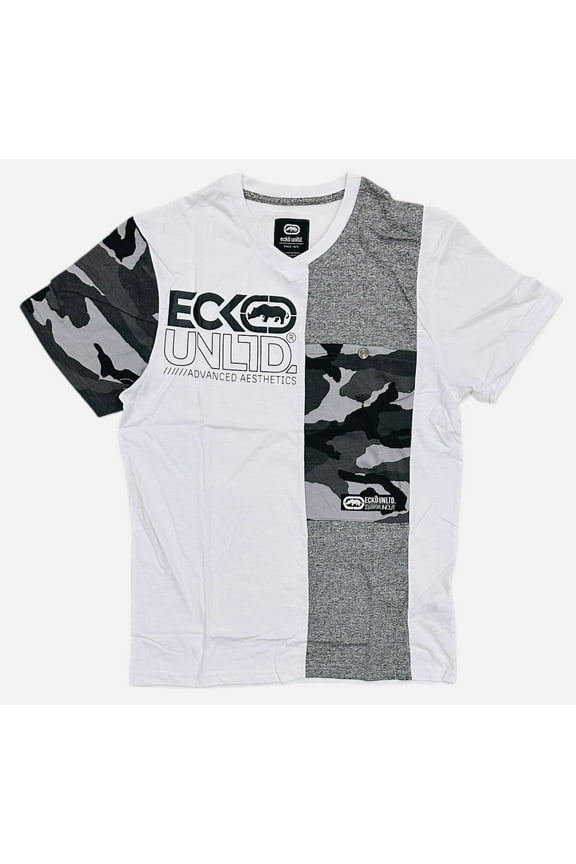 Ecko Unltd Men's V-Neck T-Shirt Stitched Colorblock Camo/Solid Pocket Tee (XX-Large, White)