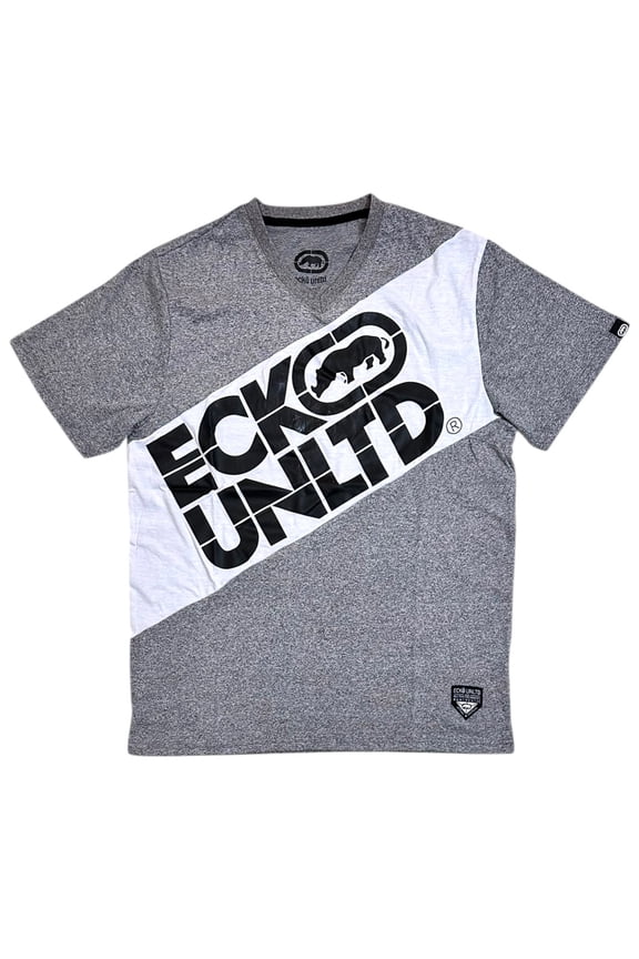 Ecko Unltd Men's V-Neck T-Shirt Stitched Colorblock Panels Short Sleeve Tee (Small, Grey Marled/White)