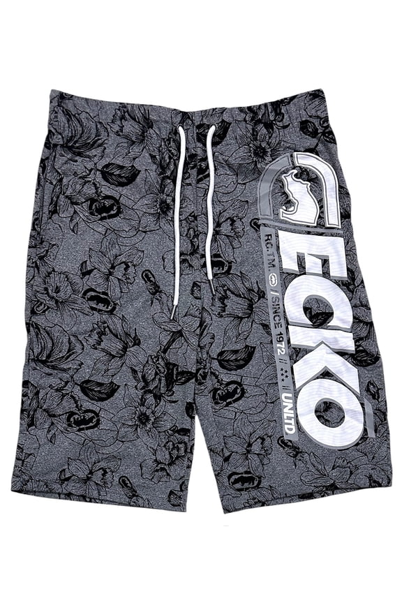 Ecko Unltd Men's Vertical Logo Print Activewear Shorts (X-Large, Grey Marled Floral)