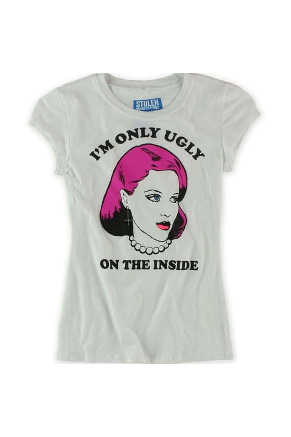 Womens I'm Only Ugly Graphic T-Shirt, White, Juniors, Large