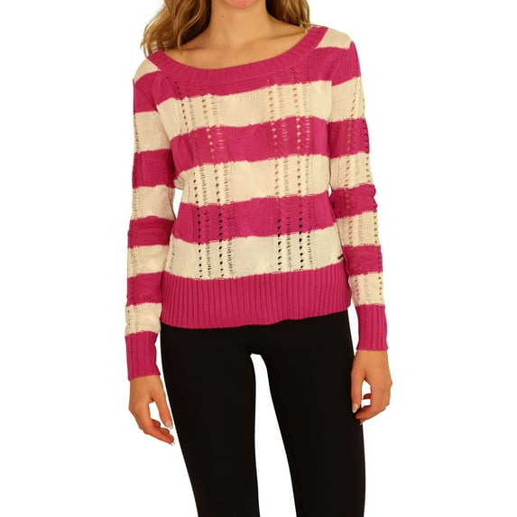 Ecko Unltd. Womens Open Neck Stripe Cable Knit Sweater, Pink, Medium