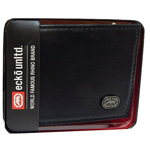 Ecko Unltd. World Famous Rhino Adult Men Genuine Leather Black Wallets - Gift Boxed Keepsake Metal Box, Bi-Fold Wallet (Black Metal Logo)