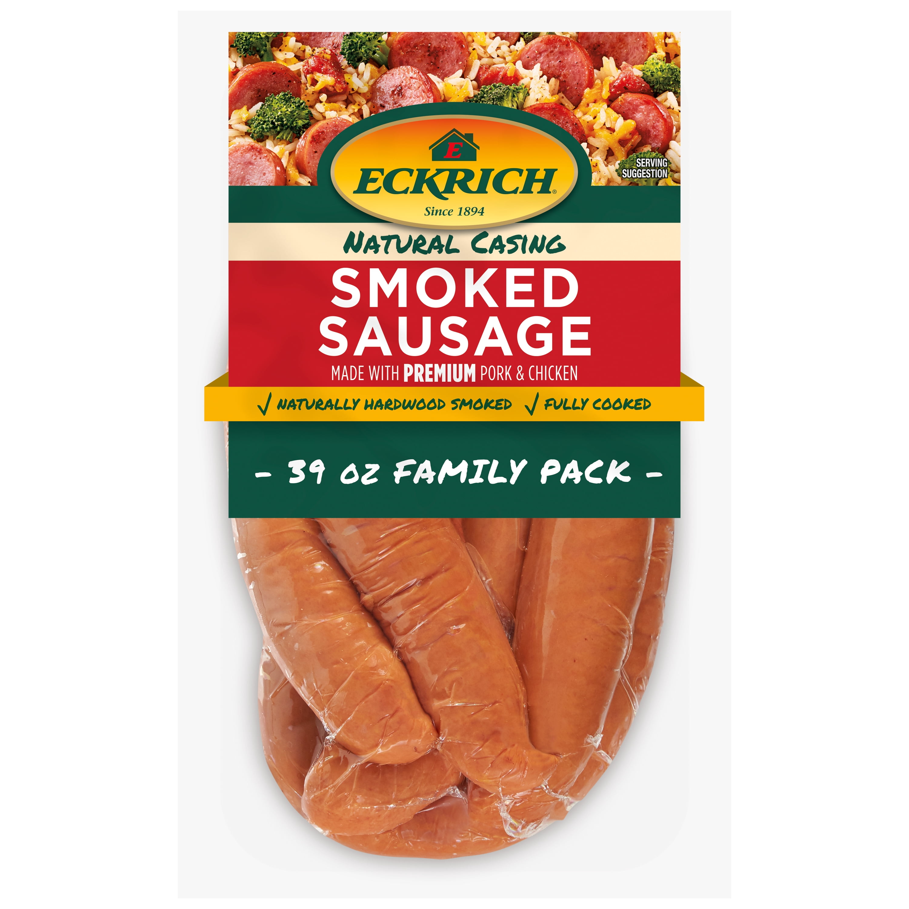 Eckrich Natural Casing Smoked Sausage rope Family pack, 39 oz, Fully Cooked