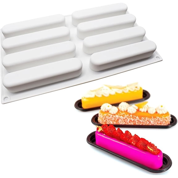 for Eclair Silicone Mold for Baking Mousse Cake, 3D Silicone Baking Mold for Cakes French Dessert Mold for Pastry Chocolate Brownie Molds, Cake Decoration, 3D Eclair Shape (8-Cavity)