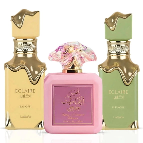 Eclaire Pistache & Eclaire Banoffi by Lattafa & Pink Blush by Ard Al Zaafaran - Eau de Parfum Sprays 100ml (3.4 oz) (Bundle)