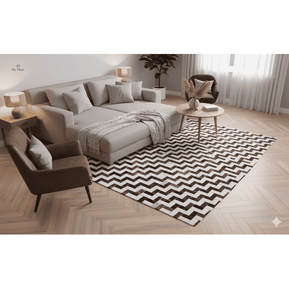 Eclatique Rug Hairon Cow Hide Chevron Leather Area Rug | Faux Carpet for Modern Living Room, Bedroom & Home Décor(Brown&White-3 x 12)