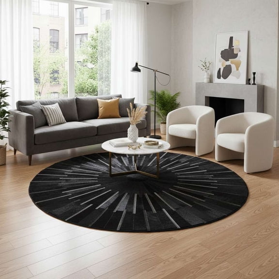 Modern Rug Radial Geometry Black Cowhide Area Rug, 6 x 6, No-Slip Faux Carpet