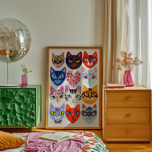 Eclectic Cat Faces Art Print Colorful Maximalist Wall Decor , Poster Print Only