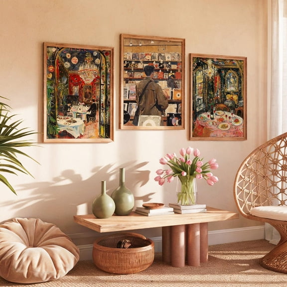 Eclectic Dining and Music Wall Art Resto and Record Store Decor Set 3 Stretched Canvas 16x24