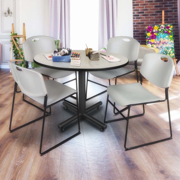 Eclectic Elegance Round Breakroom Table in Maple with 4 Grey Stack Chairs Offering Stylish and Comfortable Seating for Office or Lounge Areas