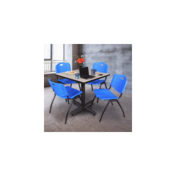 Eclectic Elegance Square Breakroom Table in Maple Finish with 4 Blue 'M' Stack Chairs Offering Unique Design and Comfortable Seating Solutions