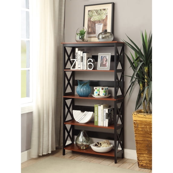 Eclectic Exclusivity 5-Tier Bookcase, Cherry/Black, Open Shelving, Spacious Storage, Wood Build, Quick Assembly, Complements Any Decor, Multiple Finishes