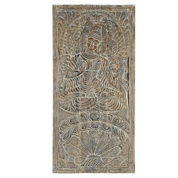 Eclectic Hand Carved Wooden Buddha Panel Barn Door | Vintage Farmhouse Style Handcarved Solid Wood Antique Living Room Buddha Wall Dcor