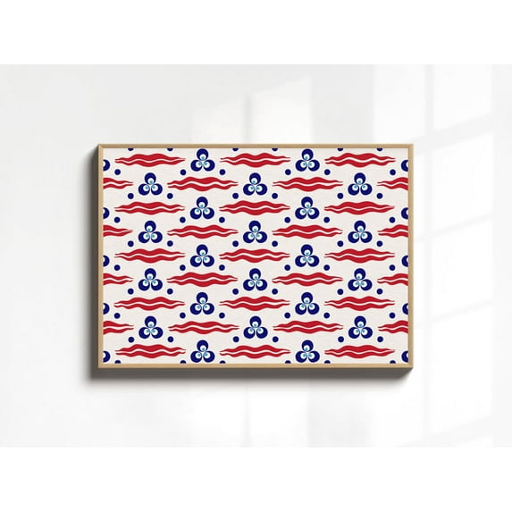 Eclectic Maximalist Horizontal Wall Art, Chintamani Poster, Red Navy Blue Turquoise Ottoman Motif, Cintamani Pattern Decor,, Unframed Canvas Size 12x18