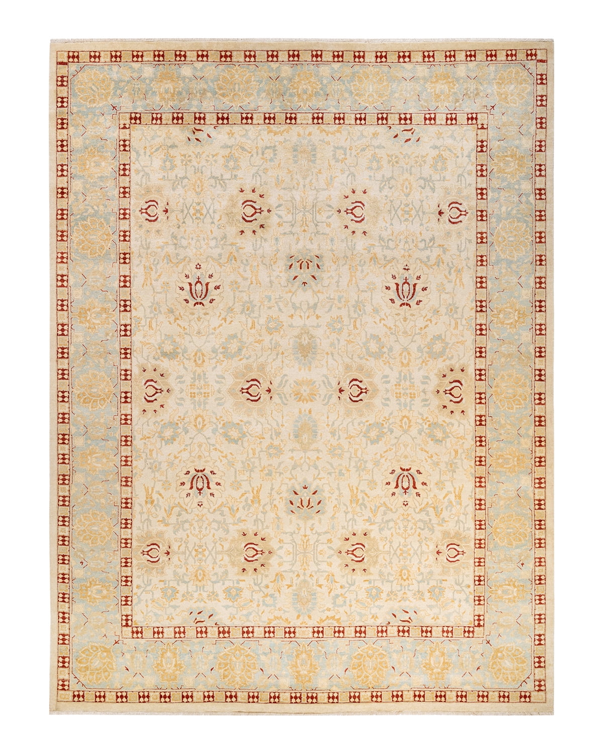 Ivory and Red Hand-Knotted Wool Floral 9' x 12' Area Rug