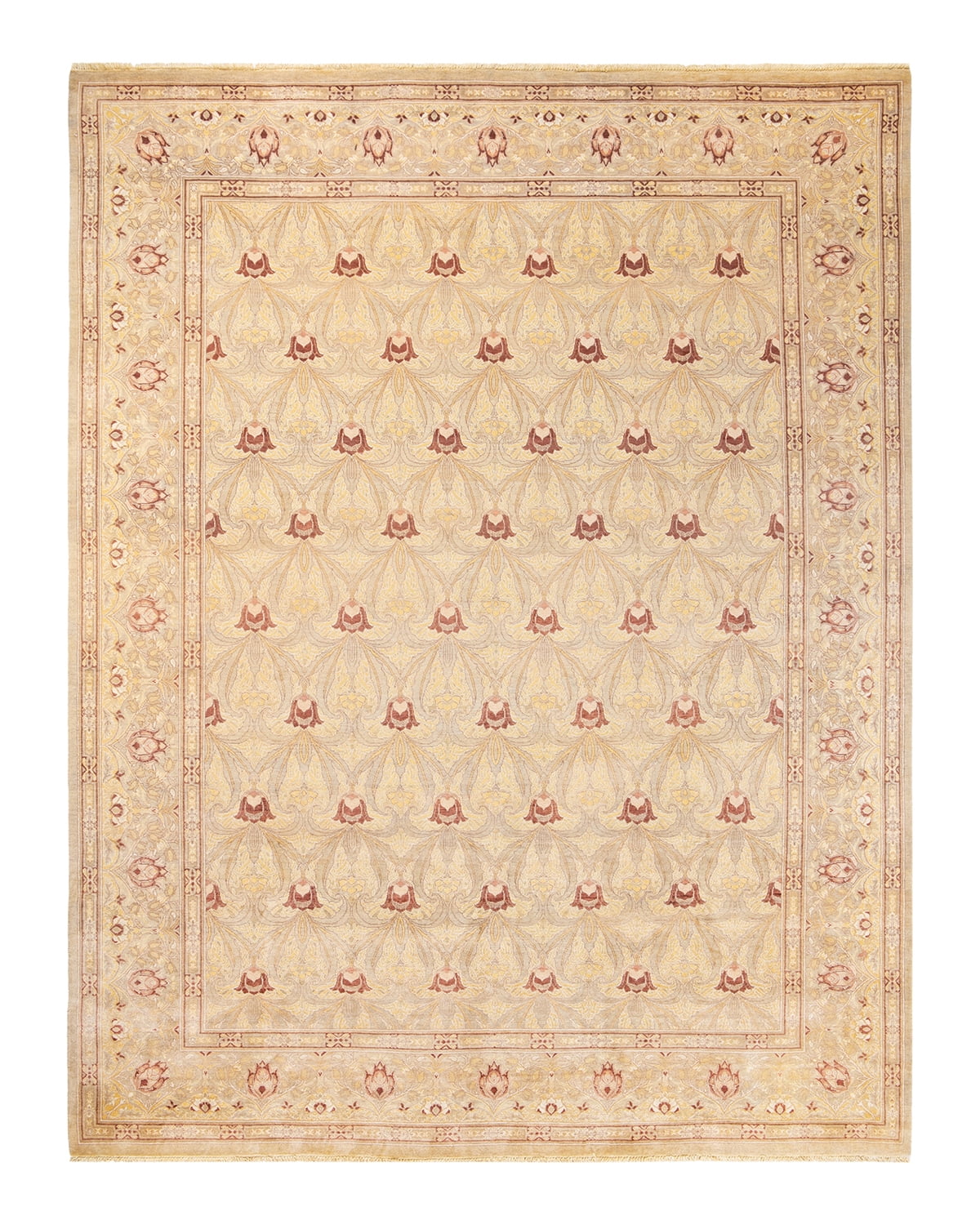 Eclectic Ivory Oriental Wool 9' x 12' Hand-Knotted Area Rug