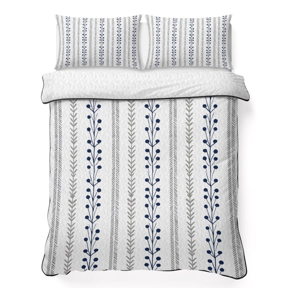 Eclectic Stripes 3 Piece Quilt Bedding Set with 2 Pillow Shams, Rustic Navy Blue Dashed Lines Shabby Chic Gray Leaf Lightweight Bedspread Coverlet, Soft Breathable All Season Quilt, 68 x 86 Inch