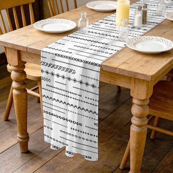 Eclectic Stripes 4.5ft Cheesecloth Table Runner for Wedding 19"x55", Art Deco White Black Dashed Lines Geometric Diamond Kitchen Dinner Sheer Tulle Chiffon Dresser Scarf, Holiday Party Decorations