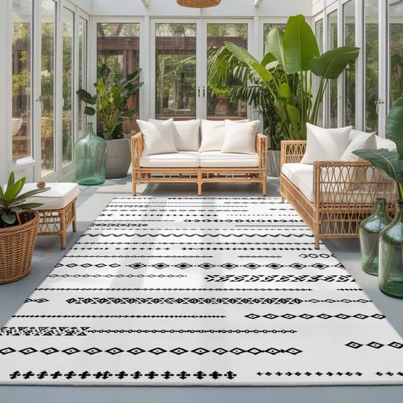 Eclectic Stripes 8'x10' Large Area Rugs Art Deco White Black Dashed Lines Geometric Diamond Washable Area Rugs Non-Slip Indoor Floor Mats Large Carpet for Living Room Bedroom Dining Room
