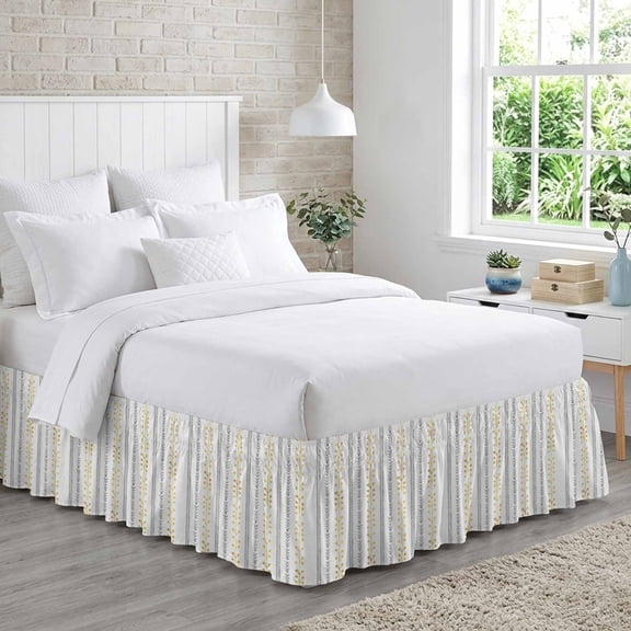 Eclectic Stripes Bed Skirt King Size 18 Inch Drop, Rustic Yellow Dashed Lines Shabby Chic Gray Leaf Adjustable Elastic Dust Ruffles Bedskirt for King Bed Wrap Around Pleated Mattress Frame Cover