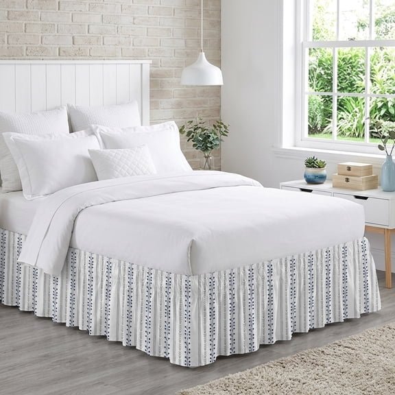 Eclectic Stripes Bed Skirt Queen Size 16 Inch Drop, Rustic Navy Blue Dashed Lines Shabby Chic Gray Leaf Adjustable Elastic Dust Ruffles Bedskirt for Queen Bed Wrap Around Pleated Mattress Frame Cover