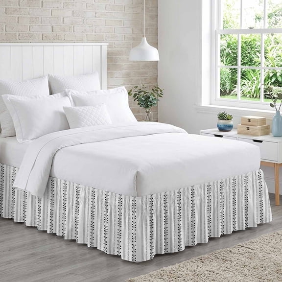 Eclectic Stripes Bed Skirt Queen Size 18 Inch Drop, Rustic Black Dashed Lines Shabby Chic Gray Leaf Adjustable Elastic Dust Ruffles Bedskirt for Queen Bed Wrap Around Pleated Mattress Frame Cover
