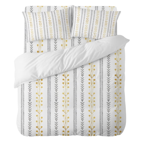 Eclectic Stripes Bedding Duvet Cover Set Full Size 4 Pieces, Rustic Yellow Dashed Lines Shabby Chic Gray Leaf Bedding Set with Zipper, 1 Comforter Cover 86x90 Inches 1 Flat Sheet & 2 Pillow Cases
