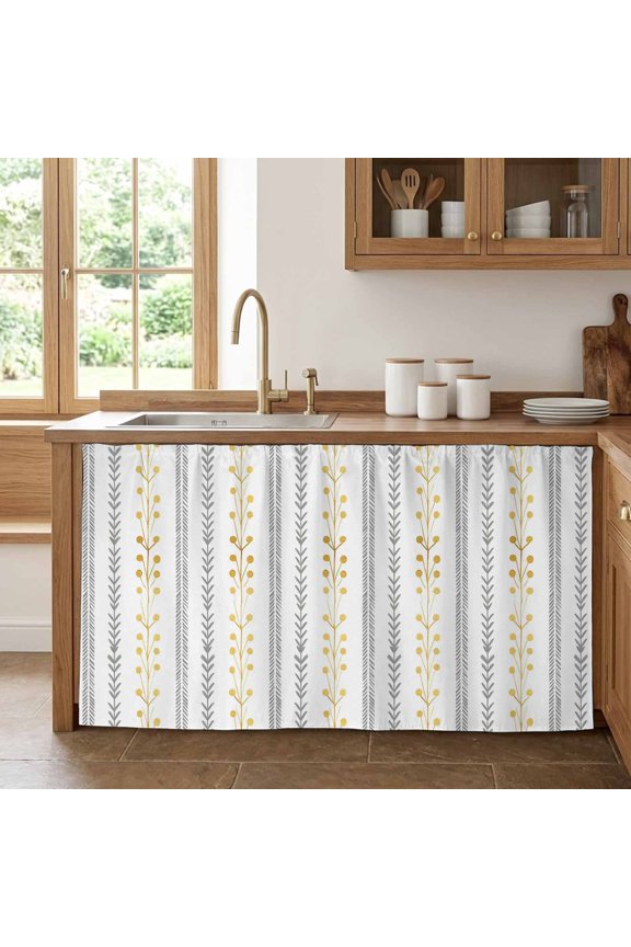 Eclectic Stripes Cabinet Curtains 32" W x 55" L, Rustic Yellow Dashed Lines Shabby Chic Gray Leaf Under-Desk Privacy Dust Proof Drape Dishwasher Curtain Sink Skirt for Kitchen Closet Bathroom Laundry