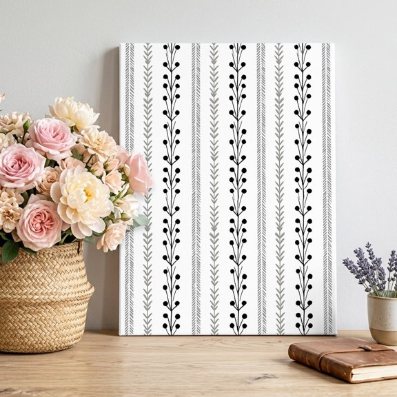 Eclectic Stripes Canvas Wall Art, Rustic Black Dashed Lines Shabby Chic Gray Leaf Pictures Wall Decor Wooden Framed Artwork Art Prints for Living Room Hallway Bedroom Office 8"x12"