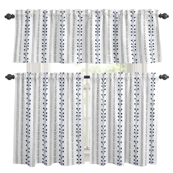 Eclectic Stripes Kitchen Curtains Valances 3 Piece Set, Rustic Navy Blue Dashed Lines Shabby Chic Gray Leaf Rod Pocket Tier Curtain and Valance Drapes for Small Window 24 Inch Length for Bedroom Cafe