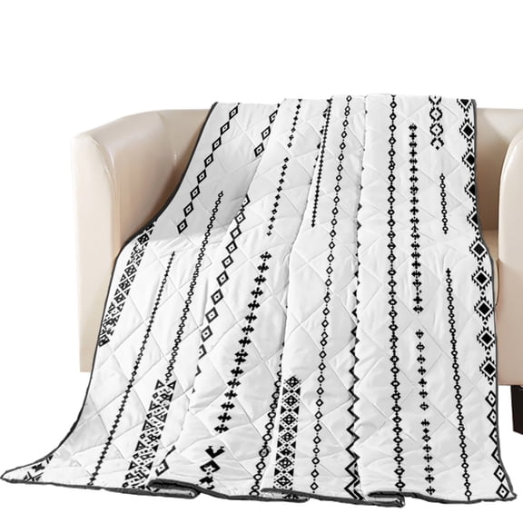 Eclectic Stripes Quilted Comforters Cooling Blanket Oversized King Size, Art Deco White Black Dashed Lines Geometric Diamond Cold Comfort for Hot Sleepers Lightweight Air Conditioning Quilt Blanket
