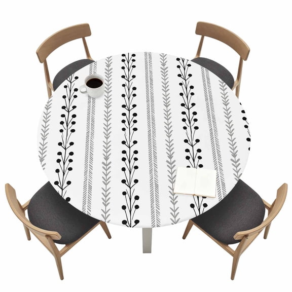 Eclectic Stripes Round Fitted Table Cover Rustic Black Dashed Lines Shabby Chic Gray Leaf Waterproof Table Cloth with Elastic Edge Wipeable Tablecloth for Picnic Camping Party Fits 45"-54" Tables