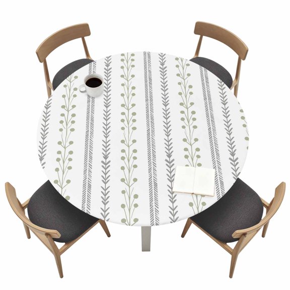 Eclectic Stripes Round Fitted Table Cover Rustic Green Dashed Lines Shabby Chic Gray Leaf Waterproof Table Cloth with Elastic Edge Wipeable Tablecloth for Picnic Camping Party Fits 45"-54" Tables