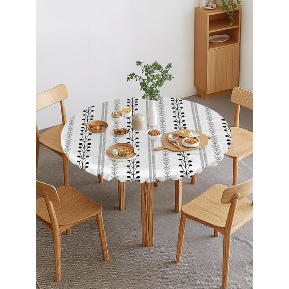 Eclectic Stripes Round Fitted Tablecloth with Elastic Edge, Rustic Black Dashed Lines Shabby Chic Gray Leaf Waterproof Stretch Table Covers for 36"-44" Tables Wipeable Table Cloth for Outdoor