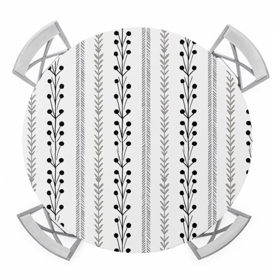Eclectic Stripes Round Table Cover, Rustic Black Dashed Lines Shabby Chic Gray Leaf Waterproof Fitted Tablecloths for 55"-60" Tables, Washable Picnic Table Cover for Camping Dining Indoor Outdoor