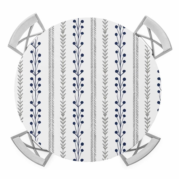 Eclectic Stripes Round Table Cover, Rustic Navy Blue Dashed Lines Shabby Chic Gray Leaf Waterproof Fitted Tablecloths for 36"-44" Tables, Washable Picnic Table Cover for Camping Dining Indoor Outdoor