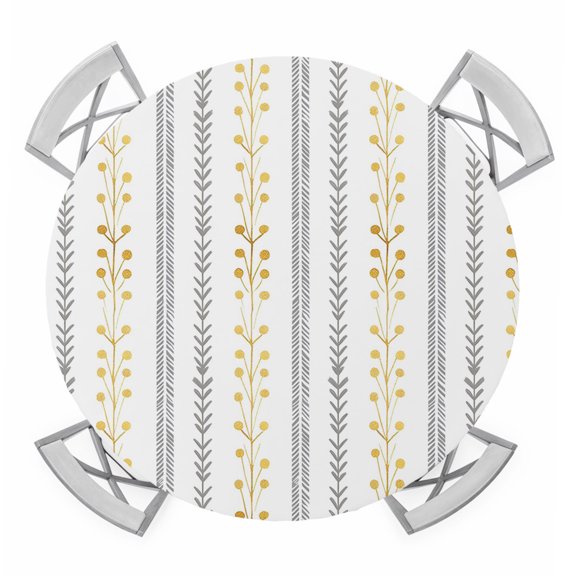 Eclectic Stripes Round Table Cover, Rustic Yellow Dashed Lines Shabby Chic Gray Leaf Waterproof Fitted Tablecloths for 36"-44" Tables, Washable Picnic Table Cover for Camping Dining Indoor Outdoor