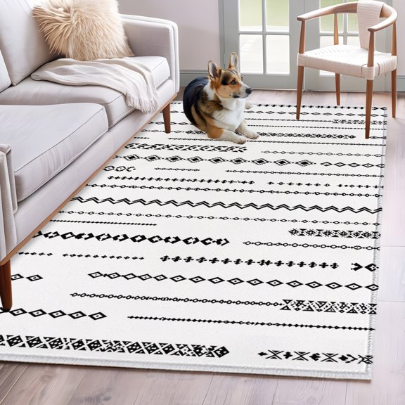 Eclectic Stripes Runner Rug Non Slip 2.7x5 Art Deco White Black Dashed Lines Geometric Diamond Washable Rug Runner for Hallways Low Pile Kitchen Rugs Stain Resist Carpet for Bathroom Bedroom Entryway
