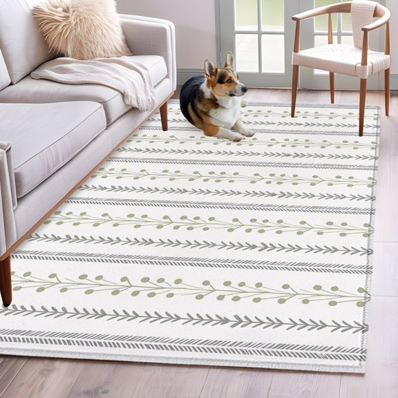 Eclectic Stripes Runner Rug Non Slip 2.7x5 Rustic Green Dashed Lines Shabby Chic Gray Leaf Washable Rug Runner for Hallways Low Pile Kitchen Rugs Stain Resist Carpet for Bathroom Bedroom Entryway