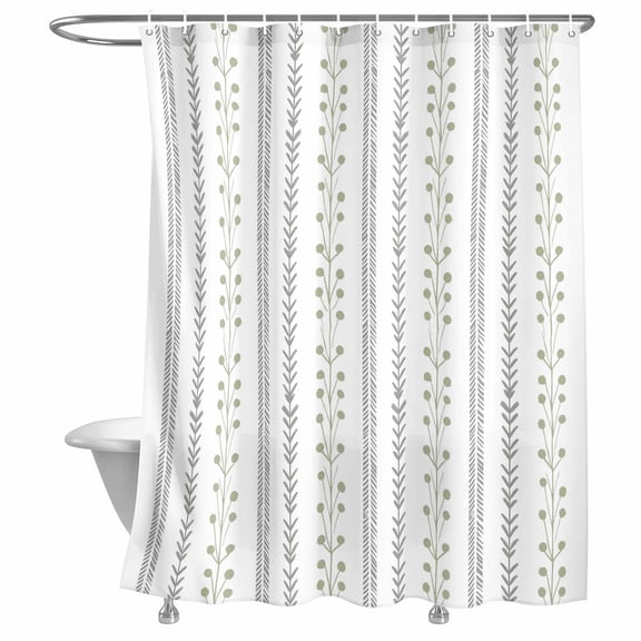 Eclectic Stripes Shower Curtain, Rustic Green Dashed Lines Shabby Chic Gray Leaf Lightweight Waterproof Fabric Shower Curtain with Rustproof Grommets for Bathroom Bathtub 48x72in