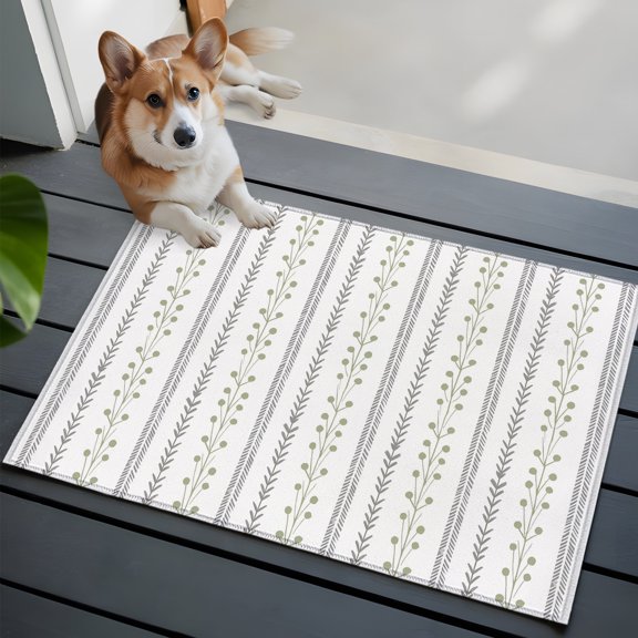 Eclectic Stripes Small Area Rugs 2x3 Rustic Green Dashed Lines Shabby Chic Gray Leaf Entryway Rugs Washable Door Mat, Low-Profile Area Rugs Non Slip Floor Carpet for Living Room Bedroom Home Office