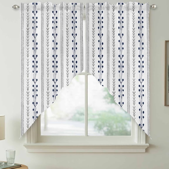 Eclectic Stripes Swag Kitchen Curtain Valances, Rustic Navy Blue Dashed Lines Shabby Chic Gray Leaf Rod Pocket Curtains Window Treatment Decor Valances for Bedroom Bathroom, 2 Panels 36 x 36 Inch