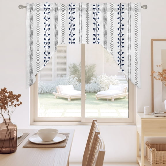 Eclectic Stripes Swag Valance for Windows, Rustic Navy Blue Dashed Lines Shabby Chic Gray Leaf Swag Curtains Valances for Small Window Treatment Rod Pocket for Kitchen Bathroom 1 Panel 56x36in