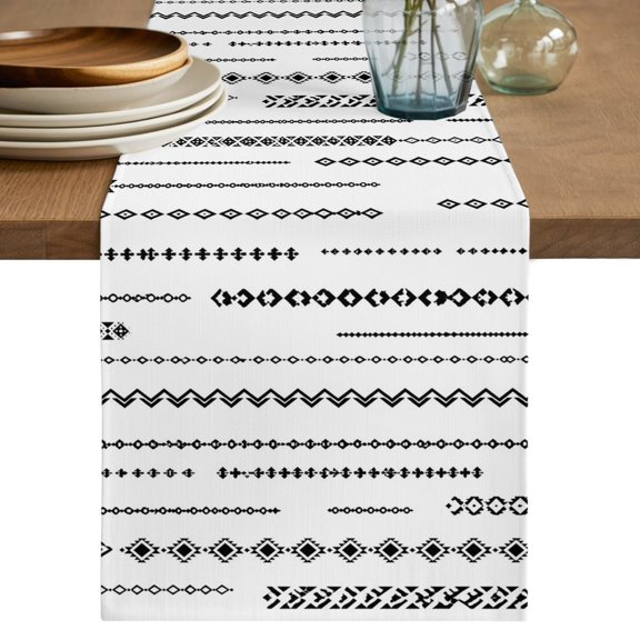 Eclectic Stripes Table Runner, Art Deco White Black Dashed Lines Geometric Diamond Cotton Linen Table Cloth, Tablerunner for Kitchen Dining Party Wedding Home Decor 13x48 Inch