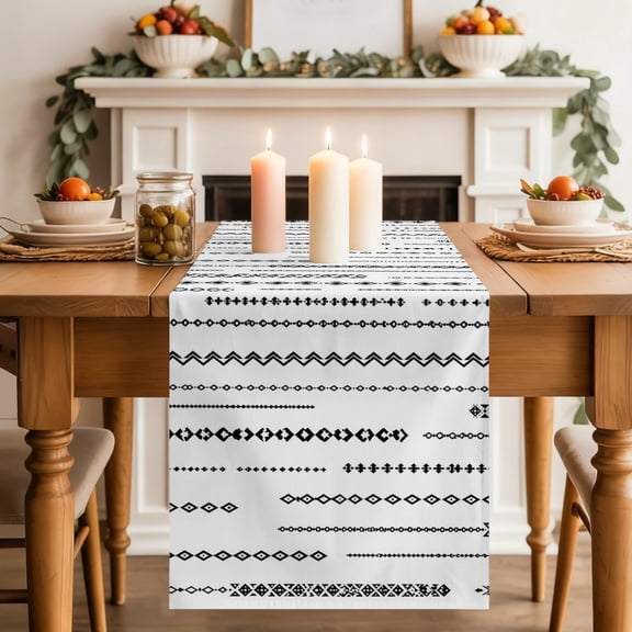 Eclectic Stripes Table Runner, Art Deco White Black Dashed Lines Geometric Diamond Washable Cotton-linen Table Runners Dining Kitchen Decoration for Everyday Home Wedding Party Decor, 18 x72 Inch