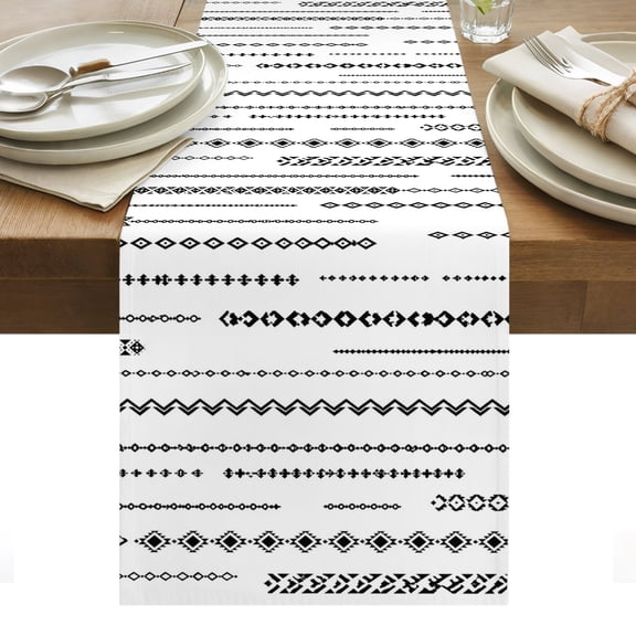 Eclectic Stripes Table Runner, Art Deco White Black Dashed Lines Geometric Diamond Washable Kitchen Table Runners for Dining Table Decorations Party/Restaurant/Indoor Outdoor Use, 13x48in