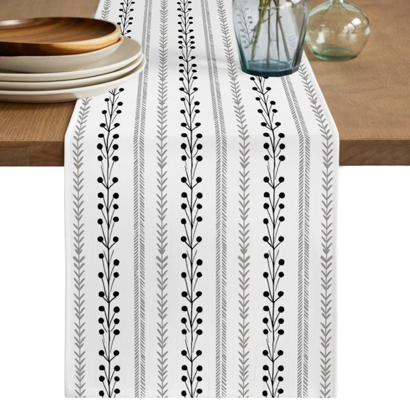 Eclectic Stripes Table Runner, Rustic Black Dashed Lines Shabby Chic Gray Leaf Cotton Linen Table Cloth, Tablerunner for Kitchen Dining Party Wedding Home Decor 13x36 Inch