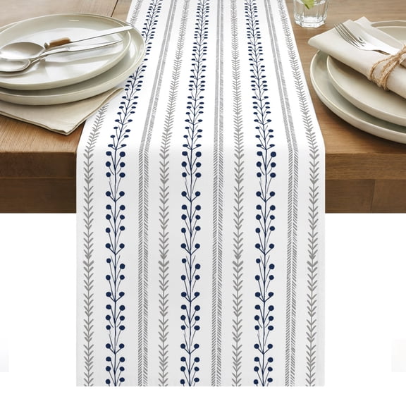 Eclectic Stripes Table Runner, Rustic Navy Blue Dashed Lines Shabby Chic Gray Leaf Washable Kitchen Table Runners for Dining Table Decorations Party/Restaurant/Indoor Outdoor Use, 13x36in