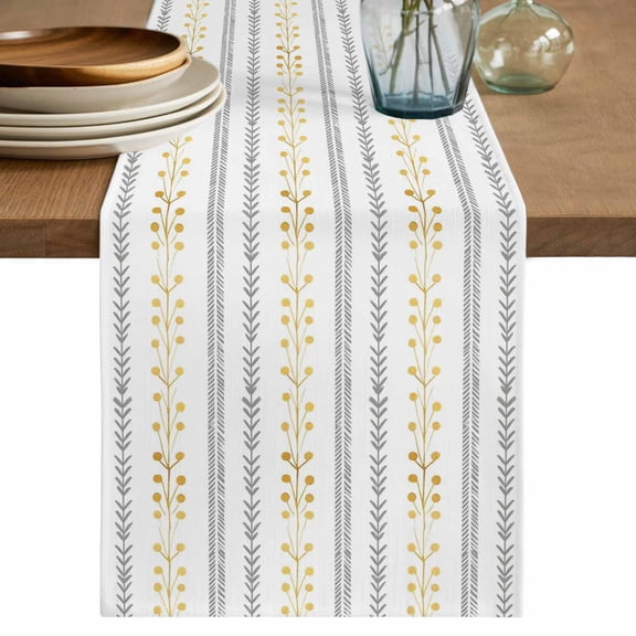 Eclectic Stripes Table Runner, Rustic Yellow Dashed Lines Shabby Chic Gray Leaf Cotton Linen Table Cloth, Tablerunner for Kitchen Dining Party Wedding Home Decor 13x36 Inch