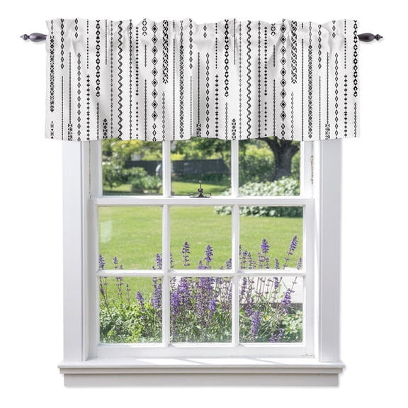 Eclectic Stripes Valances for Windows, Art Deco White Black Dashed Lines Geometric Diamond Rod Pocket Short Window Valance Curtains Holiday Window Treatment for Kitchen Living Room Bathroom 56" x 16"